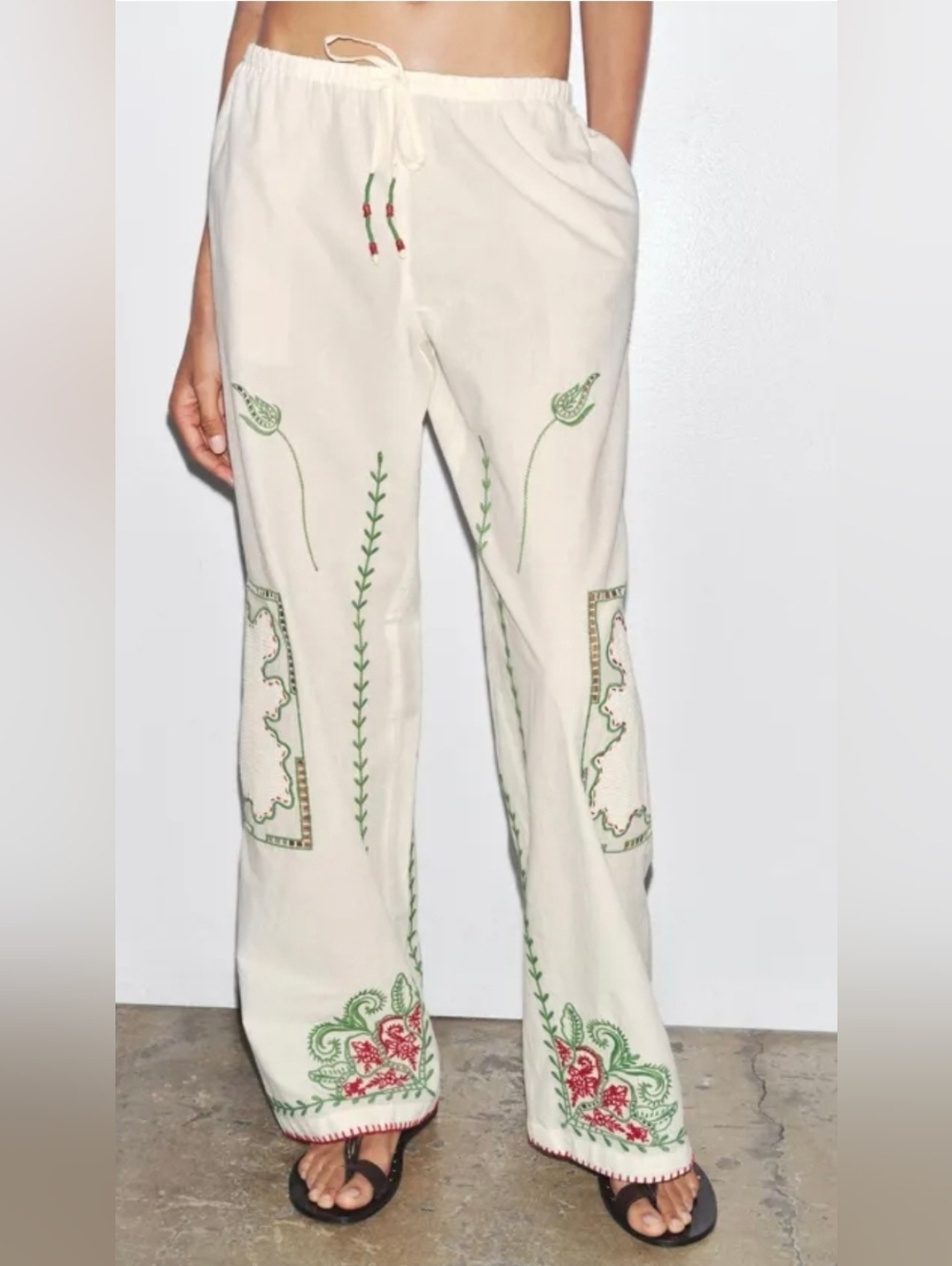 Zara ZW Collection Embroidered Floral Patchwork Cotton Pants